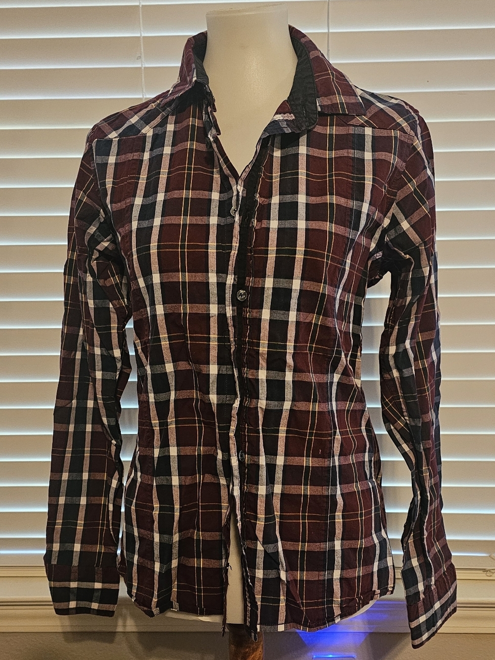 Burberry Men's Burgundy and Black Plaid Button-Down Shirt